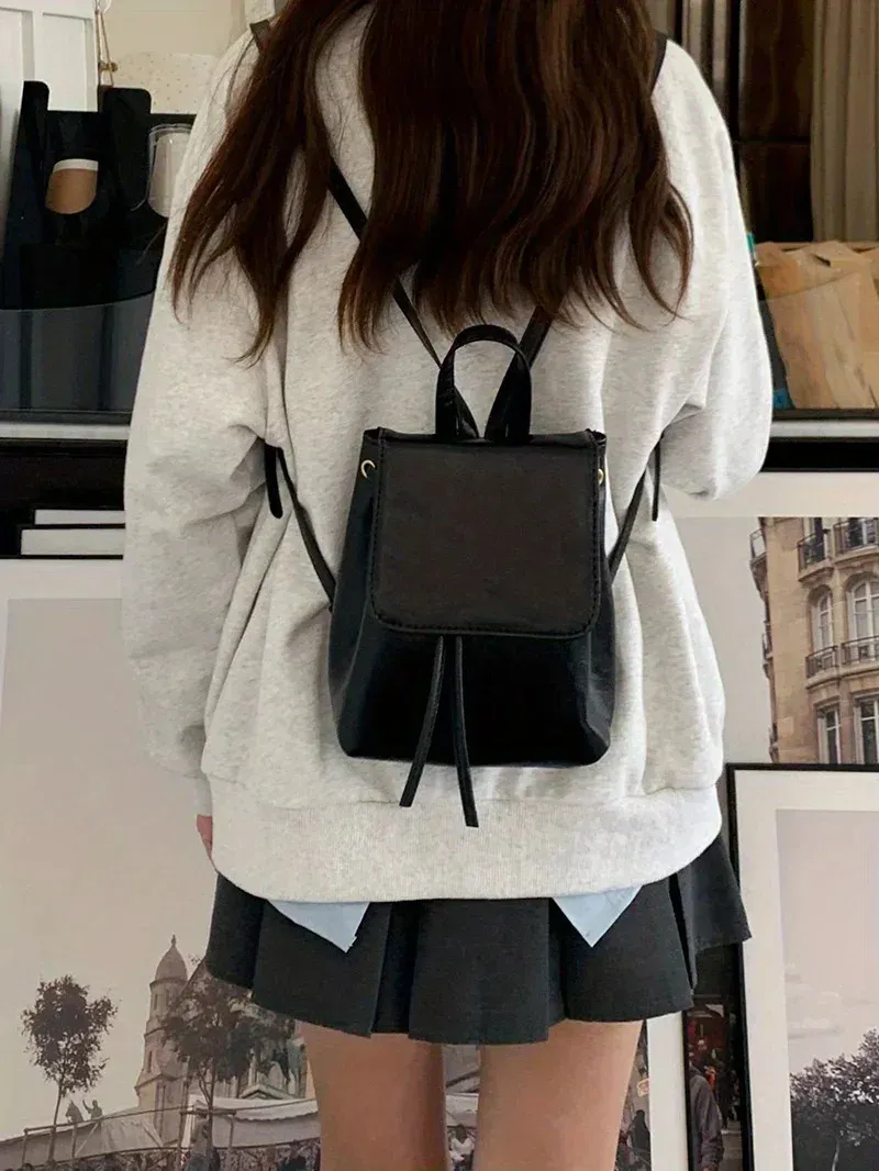 Mochila pequeña con solapa y cordón para mujer, de piel sintética con textura, para la escuela, de viaje, 250514l_voghion.com