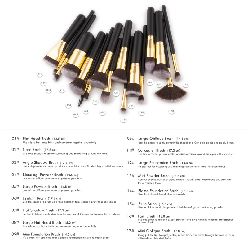 17 Stück Make-up-Pinsel, Beauty-Tools, Schwarzgold, Grundierungspinsel, Fächerpinsel, Make-up-Set GUJHUI_voghion.com