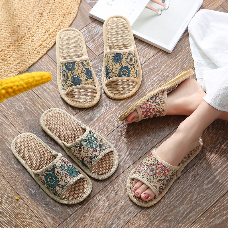 Pantofole estive in lino con fondo spesso e fiori per donne e uomini, per coppie, antiscivolo e resistenti all'usura._voghion.com