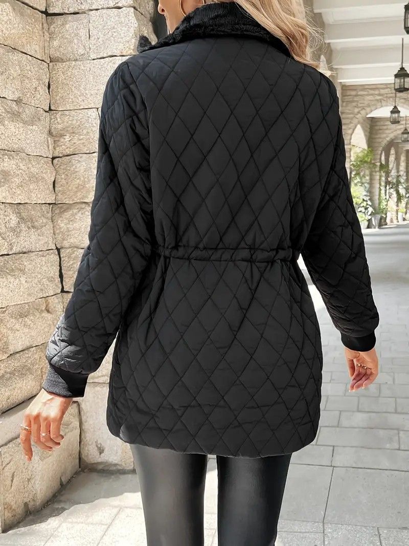 Women's Slim Fit Longline Fleece-Lined Quilted Jacket – Warm Winter Coat With Pockets, Polyester Shell, Plus Size Available (Black)_voghion.com
