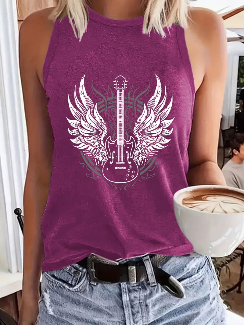 Maglione girocollo con stampa di chitarra da donna, casual, senza maniche_voghion.com