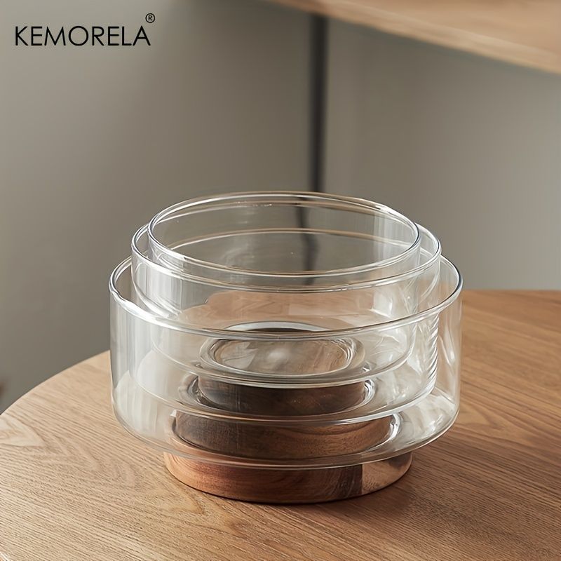 Glass Fruit Bowl Creative Large Salad Bowl Wood Base Snacks Popcorn Nuts Storage Bowls Home Christmas Snack Storage Container_voghion.com