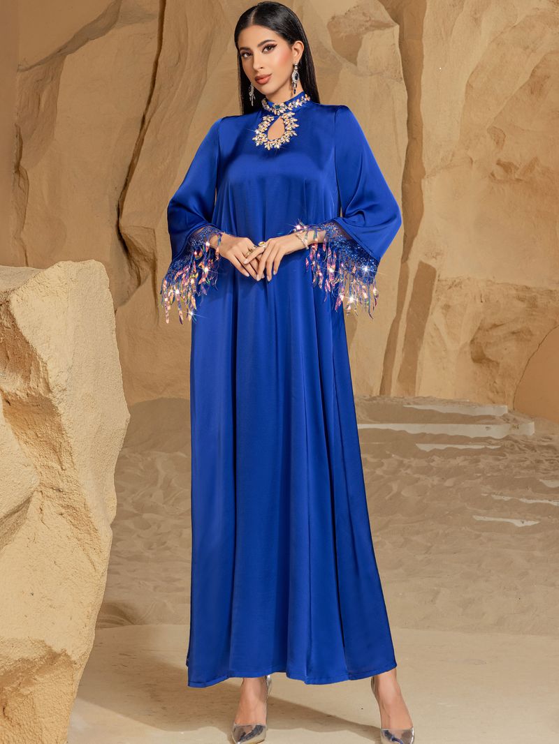 BA3147 Blue Iridescent Laser Gradient Tassel Abaya Long Dress_voghion.com