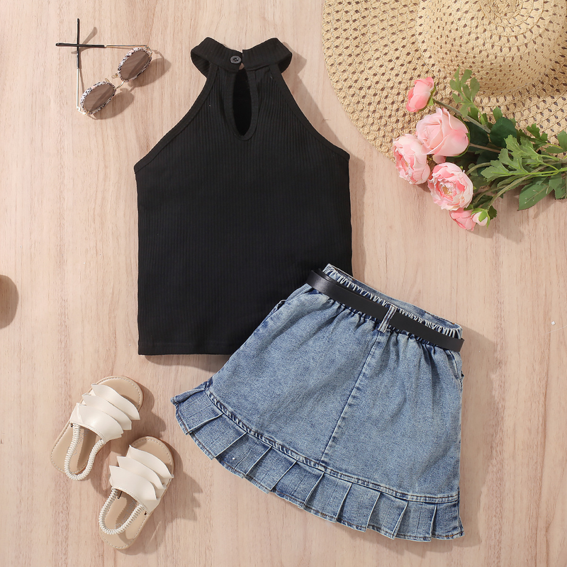 Roupas de bebê vestido infantil meninas cor sólida colete sem mangas top jeans bolsa aberta saia plissada terno_voghion.com