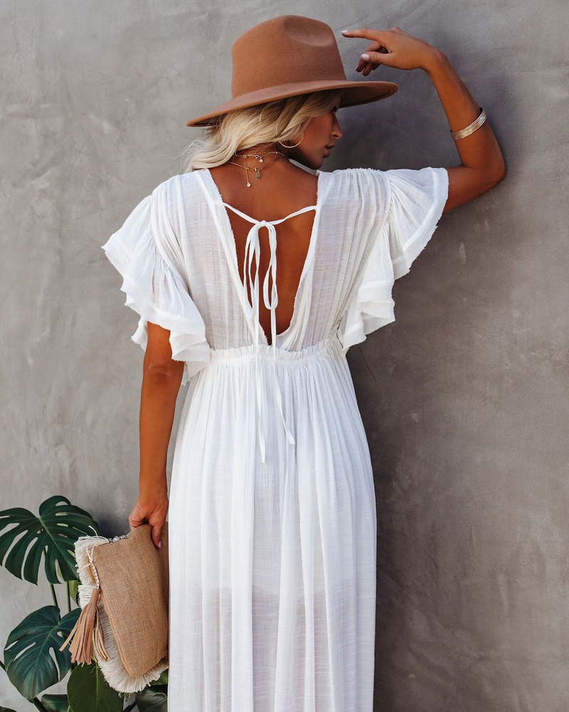 nuovo stile copricostume da spiaggia in tessuto di bambù con bottoni, corda in vita, gonna lunga, camicia di protezione solare_voghion.com