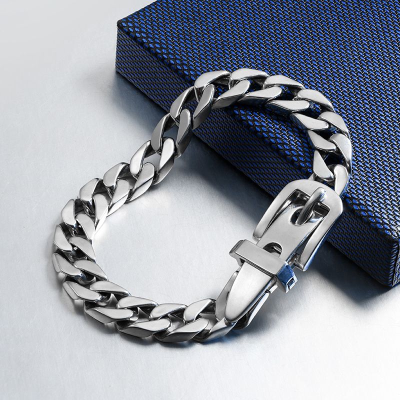 Creative Belt Buckle Pure Silver Bracelet Men Korean Style Hip-Hop Personality Simple Trendy Men's Valentine's Day Gift_voghion.com