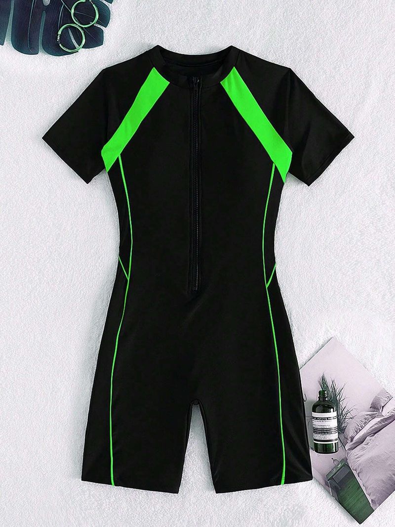 Maillot de bain une pièce noir à manches courtes et fermeture éclair pour femme, modèle de compétition européenne et américaine_voghion.com