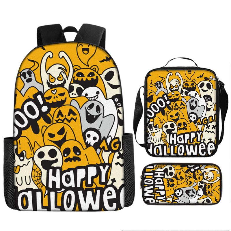 Halloween backpack pumpkin ghost three piece set primary and secondary school students backpack children's backpack shoulder bag pencil case_voghion.com