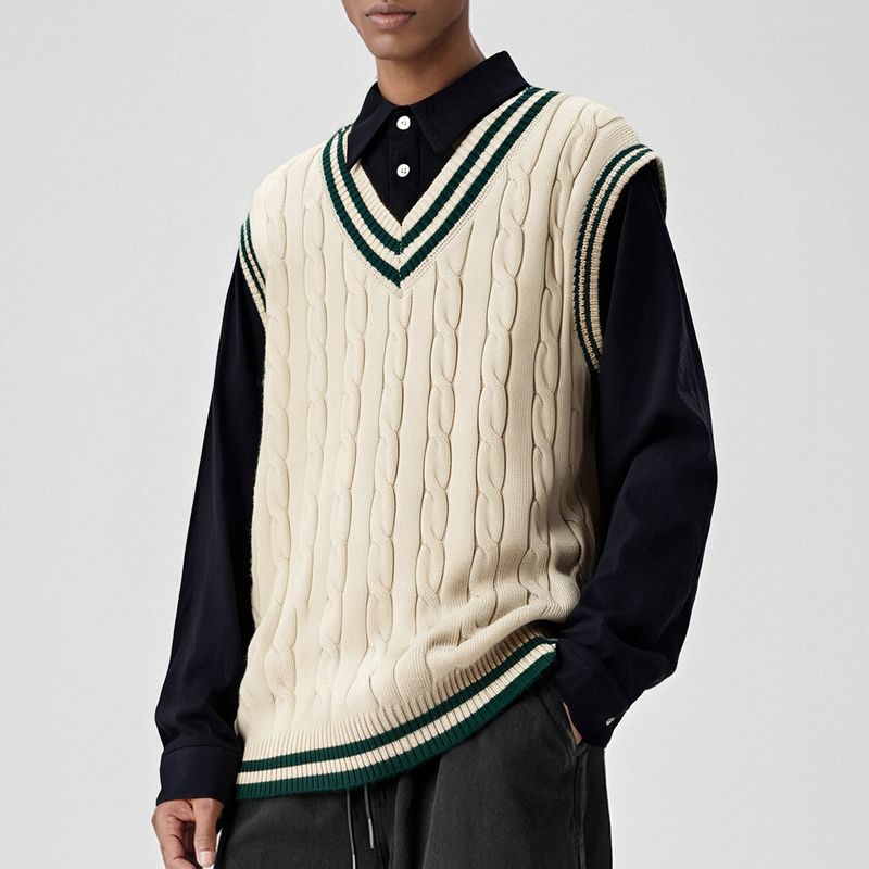 Hanmei Maglione invernale da uomo con scollo a V e maglia a trecce, senza maniche, F3328_voghion.com