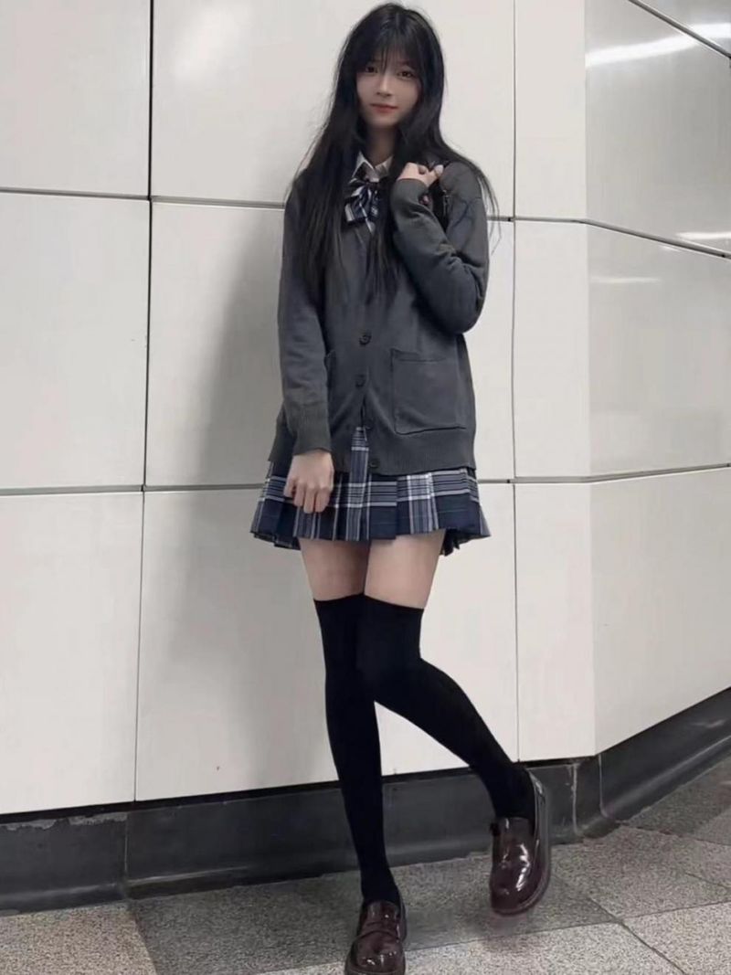 Autumn college style dark gray JK uniform jacket knitted sweater cardigan long sleeved top soft girl set_voghion.com