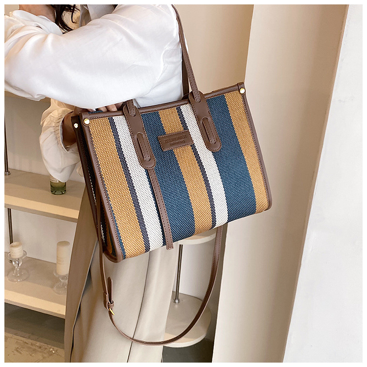 Nowa torba z grubej bawełny o dużej pojemności płócienna torba damska transgraniczny handel zagraniczny kontrastowy kolorowy pasek torba na ramię trend w modzie torba listonoszka_voghion.com
