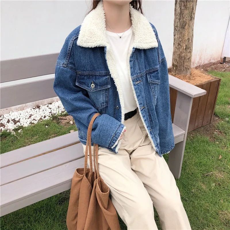 Jeansjacke, verdickter Plus-Samt-Lammwolle-Baumwollmantel, Damen-Wintermantel, lockerer BF-Kurzmantel, verdickter Denim-Baumwollmantel_voghion.com