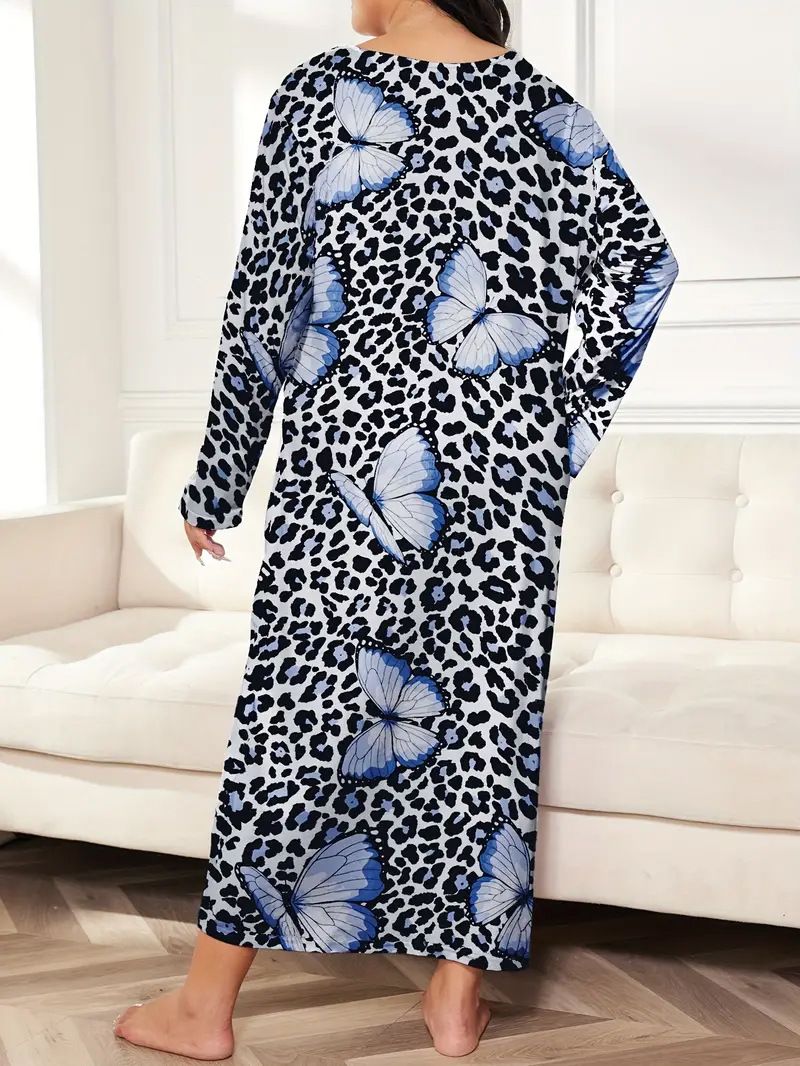 Damenbekleidung Langärmliges Nachthemdkleid mit Schmetterlings- und Herz-Leopardenmuster, überschnittener Schulter, großer Größe_voghion.com