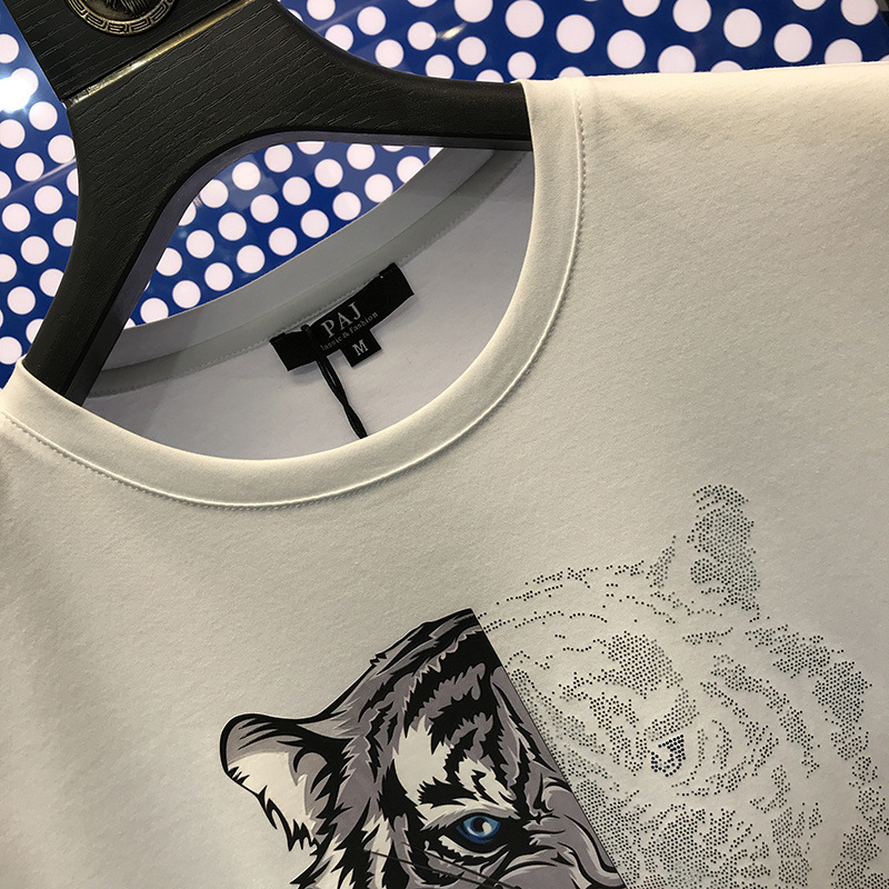 Summer new men's combed cotton short sleeved T-shirt Korean fashion heavy industry hot drill tiger head T-shirt_voghion.com