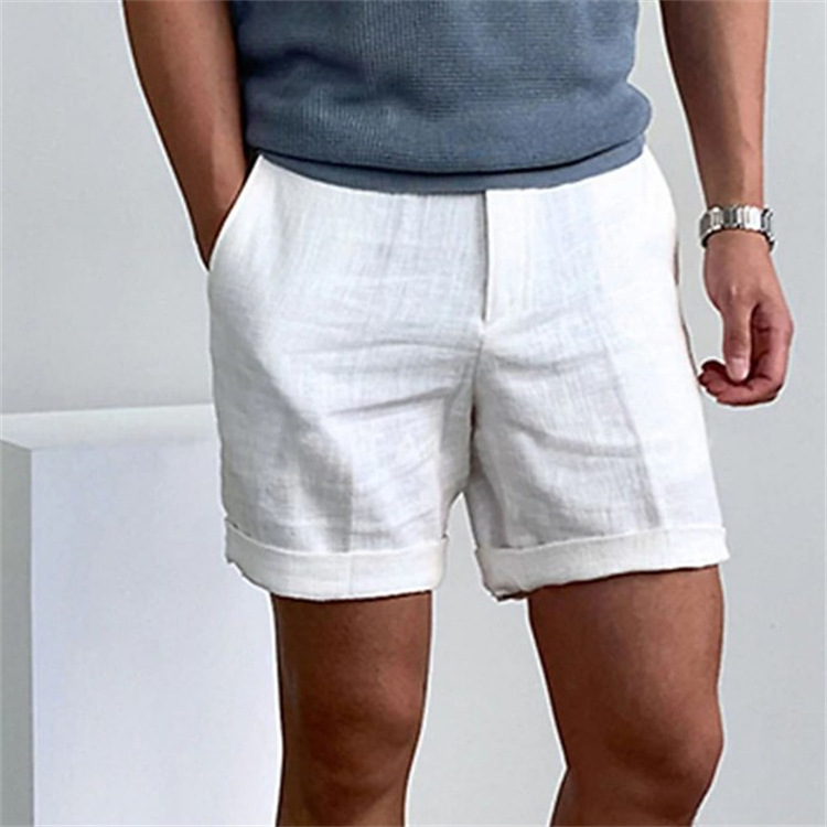 Herren-Shorts aus Leinen mit schrägen Taschen, einfarbig, bequem und atmungsaktiv, für den täglichen Gebrauch im Freien_voghion.com