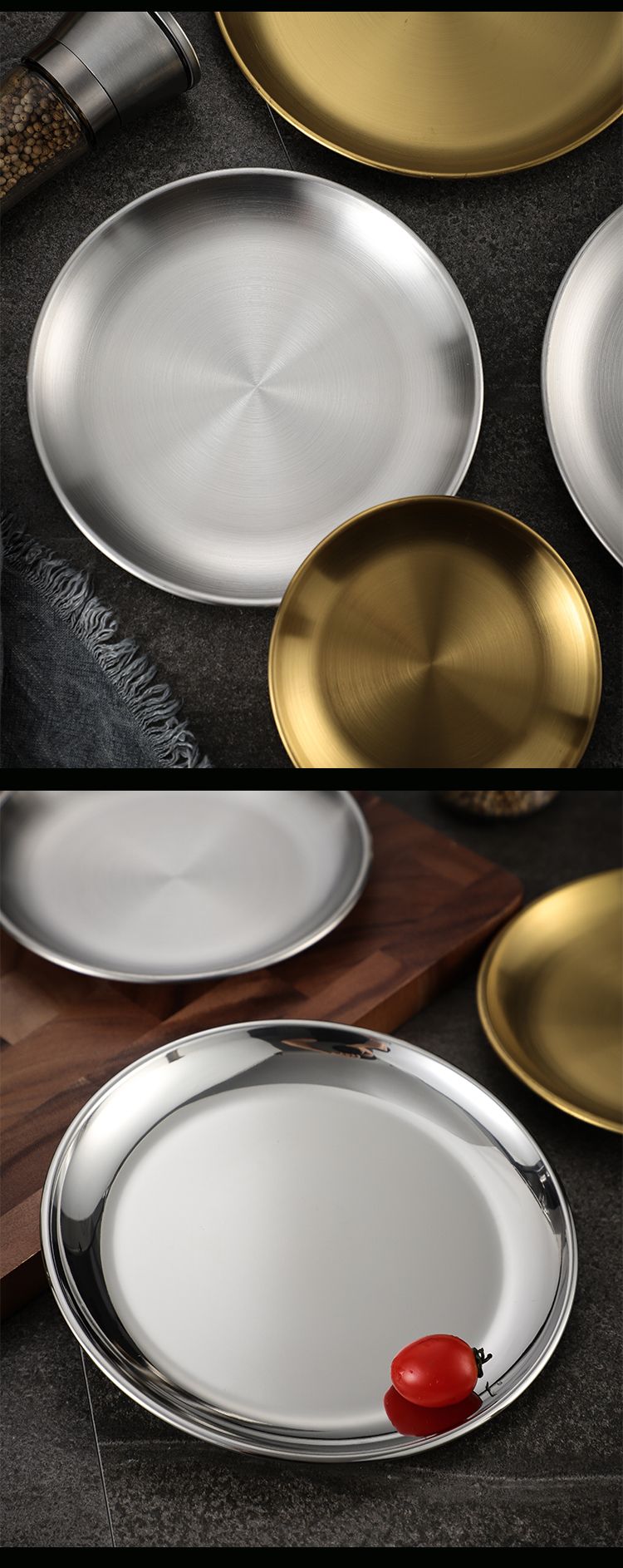 Disco in acciaio inossidabile 304 in stile coreano, vassoio per torta di frutta barbecue dorato commerciale, piatto per ossa di pasto, piatto basso_voghion.com