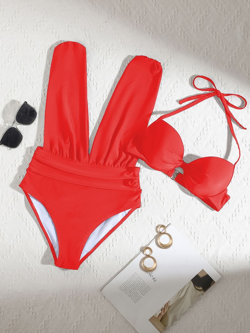 Maillot de bain deux pièces sexy taille haute pour femme, bonnets rigides, froncés, fendu_voghion.com