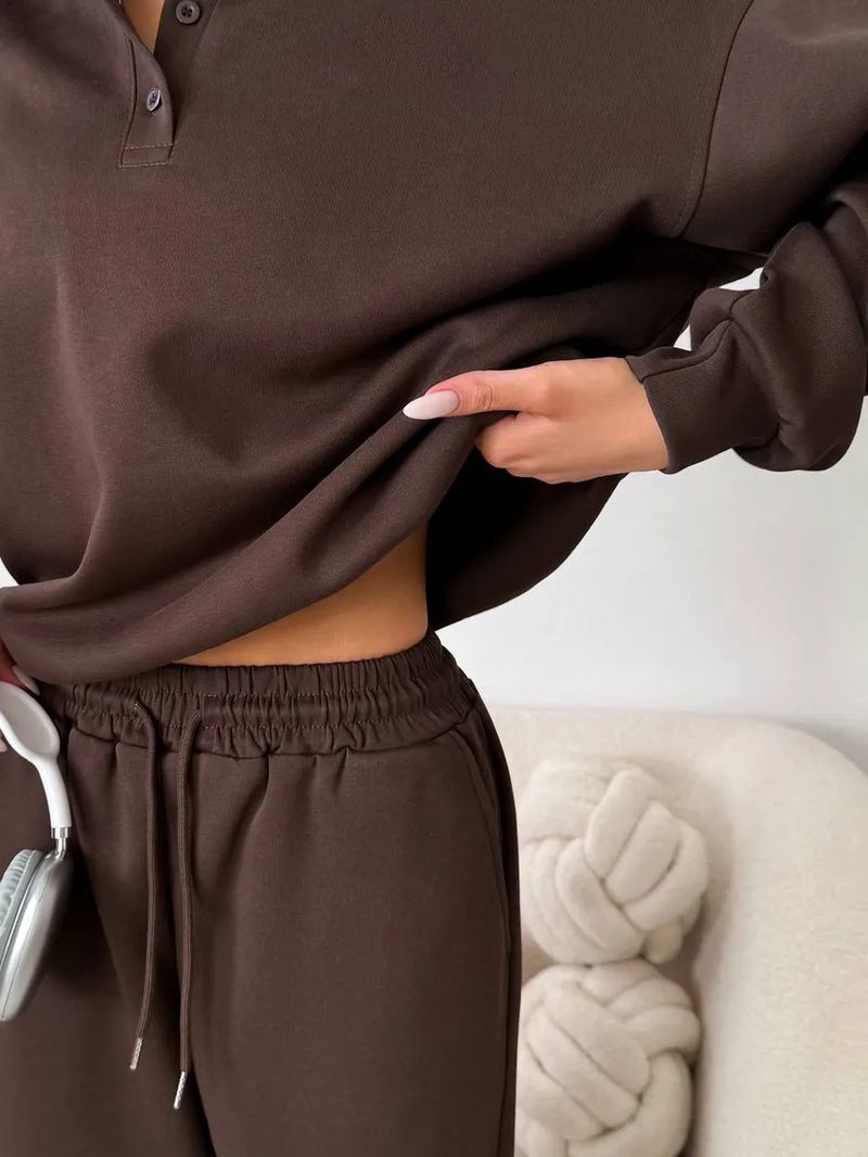 Set sportivi casual da donna, tinta unita, maniche lunghe, pullover con revers abbottonato, felpa, pantaloni con lacci, completo due pezzi_voghion.com
