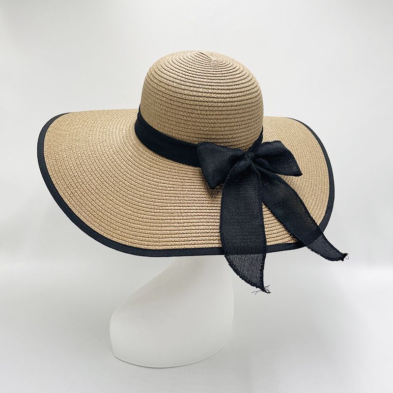 Elegante cappello da sole pieghevole con tesa oversize da donna, cappello di paglia per le vacanze al mare, cappello da sole con fiocco e cupola_voghion.com