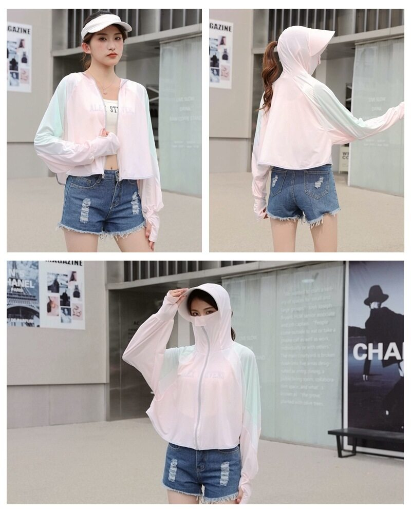 SUPERFLOWER Camicia da donna con protezione solare in seta ghiacciata e giacca con cappuccio con giunture colorate e protezione UV per esterni_voghion.com