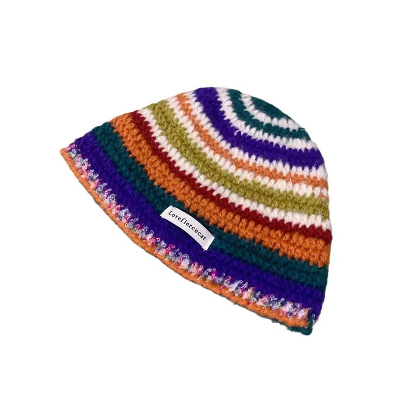 Cappello lavorato a maglia carino in stile coreano a righe arcobaleno per donna, protezione per le orecchie, autunno e inverno, snellente per il viso, testa grande_voghion.com