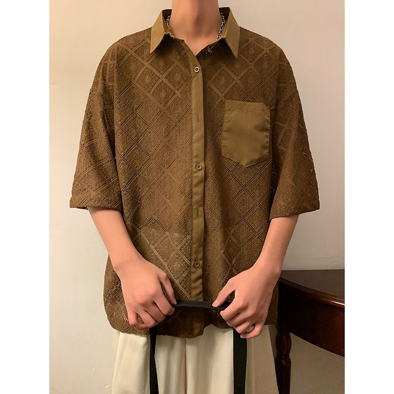 Camicia a maniche corte con risvolto sottile, da uomo, estiva, retrò, ampia, con tasche a 5 punti_voghion.com
