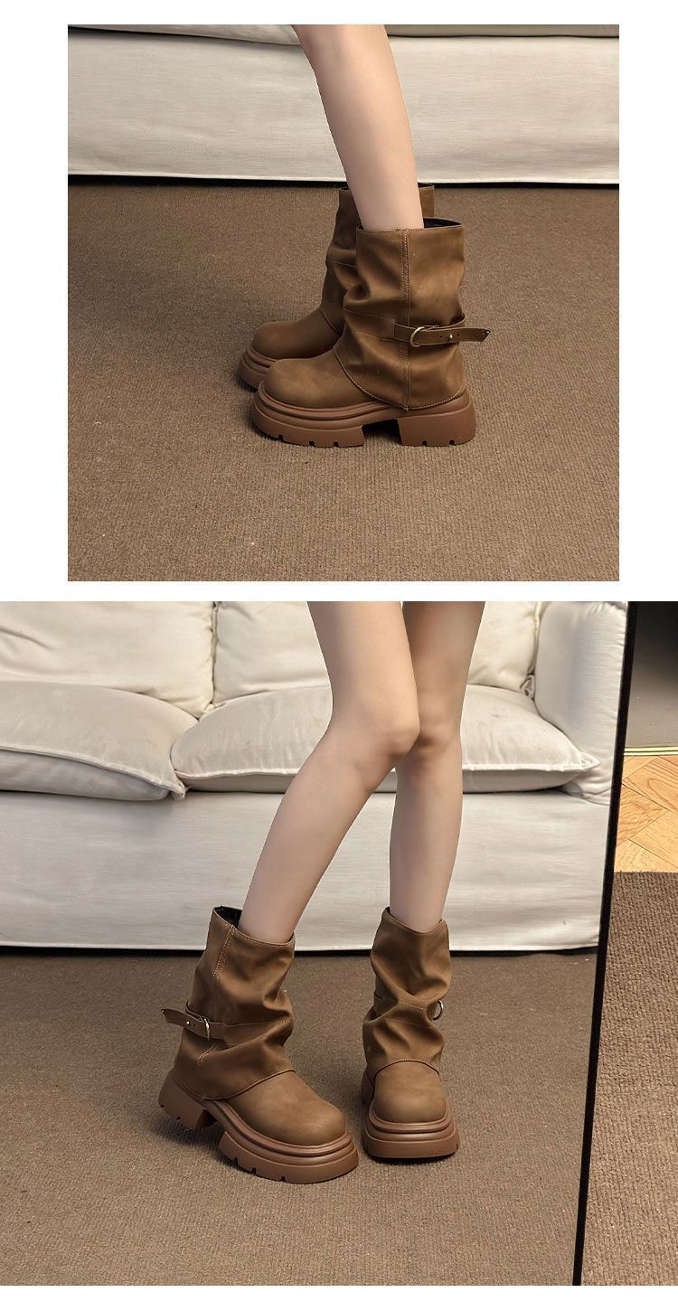 ShoeGlobe 2025 Retro Dicke Sohle Kurze Herbst Winter Neue Martin Western Style Höhersetzende Slim-Fit Denim Stiefel_voghion.com