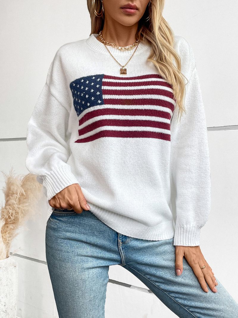 Damen-Strickpullover mit amerikanischem Flaggen-Print – gemütlicher Herbst- und Winterpullover, lässige, lockere Passform, lange Ärmel, Rundhalsausschnitt, Polyestermischung_voghion.com