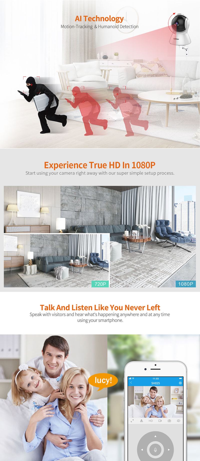 Srihome SH025 AI Body Auto-tracking IP Baby Monitor Mini 1080P Wifi CCTV Kamera 2.0MP H.265 Inteligentny dom Wewnętrzny pilot_voghion.com