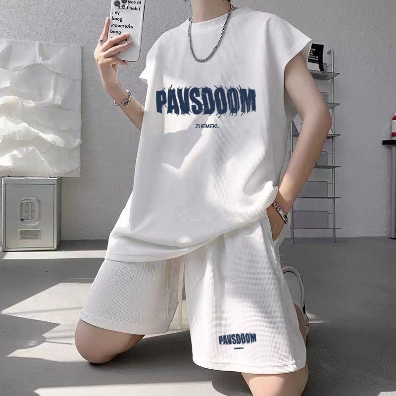 Summer new plus size men's sports suit Waffle trendy sleeveless vest t-shirt versatile casual two-piece set 12_voghion.com