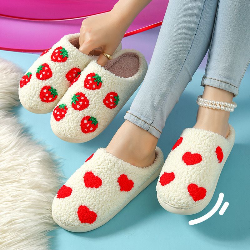 Ciabatte in cotone con cuore di fungo fragola, stampate, unisex, autunno inverno, foderate in peluche, calde, chiuse, per interni_voghion.com