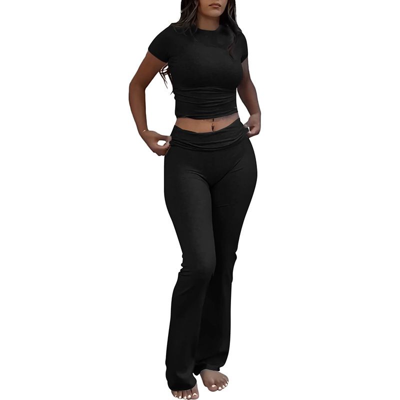 Ensemble deux pièces décontracté pour femme, t-shirt à col rond, taille basse, pantalon évasé, survêtement, offre spéciale_voghion.com