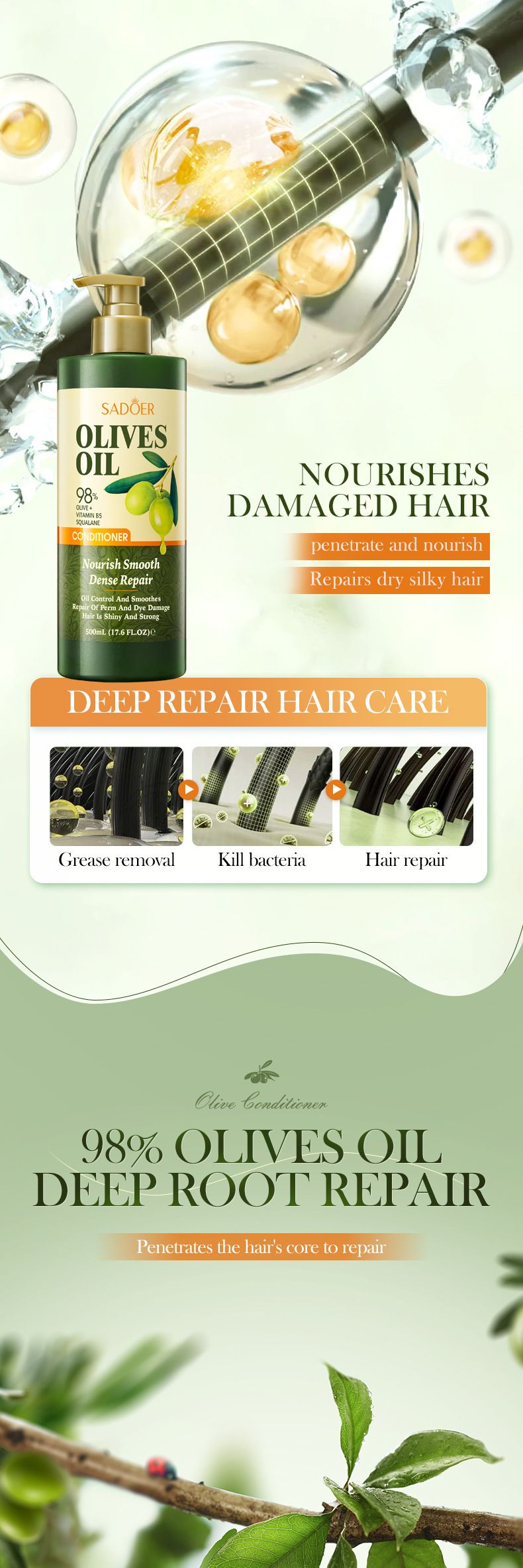 Szampon przeciwłupieżowy i kontrolujący wydzielanie sebum SADOER dla kobiet (zapach Gulong) – seria kosmetyków do pielęgnacji skóry z oliwą z oliwek, szampon 500 ml, żel pod prysznic 500 ml, odżywka 500 ml_voghion.com