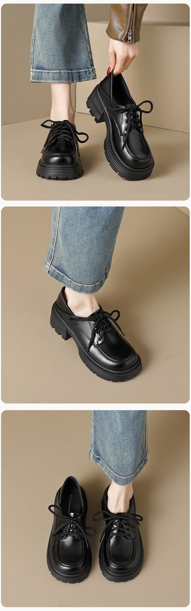 Platform Loafers Women's Laces, One Pedal And Two Single Shoes, Black Retro Small Leather Shoes._voghion.com