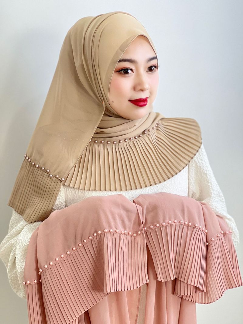 Γυναικείο μαντήλι Hijab μονόχρωμο μαντήλι με χάντρες πτυχωτό σάλι δαντέλας κασκόλ γυναικείο καπέλο_voghion.com