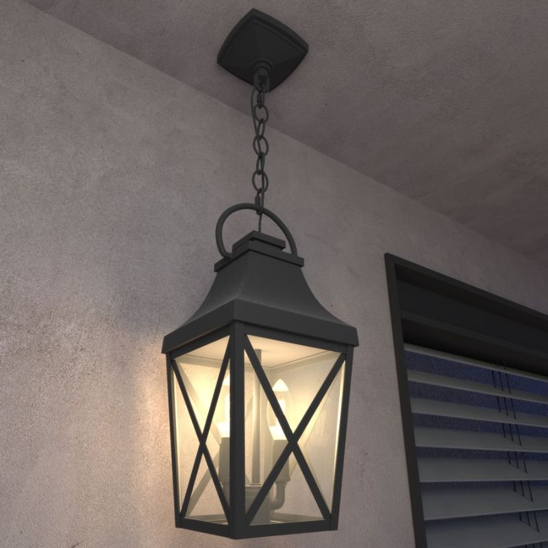 Lampadario a sospensione da esterno con gabbia trasparente e nera, da soffitto, a 2 luci, in vetro, per esterni, industriale, sospeso con_voghion.com