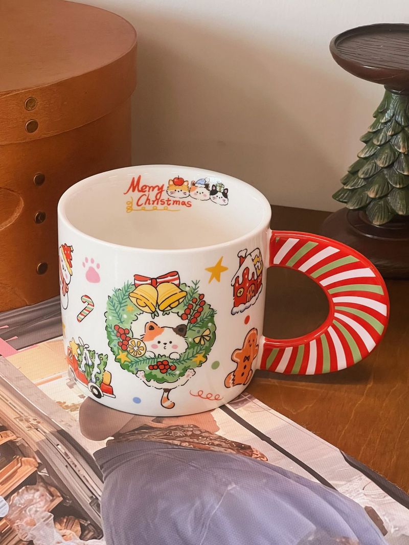 Weihnachtlicher Keramikbecher – Niedliches Katzenmotiv, großes Fassungsvermögen 400 ml, ideal als Saftbecher, Milchbecher oder Frühstücksbecher, perfektes Geschenk._voghion.com