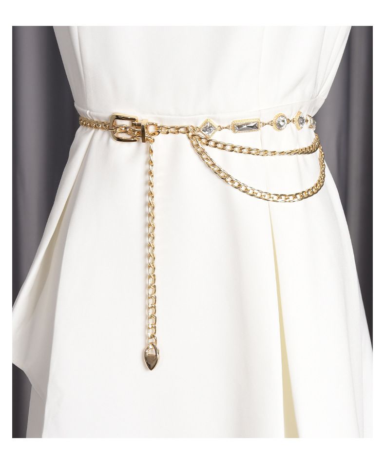 Nueva tendencia de moda: falda con cinturón fino de metal versátil con colgante de cristal y cintura de vestido._voghion.com