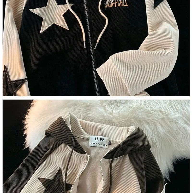 Felpa con cappuccio e cerniera in velluto a coste con cuciture a stella, stile retrò Y2K, unisex, casual, per uomo e donna_voghion.com