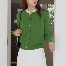 Cardigan lavorato a maglia con scollo rotondo e bottoni dorati, da donna, coreano, delicato, autunno 2024, casual, basico, giacca_voghion.com