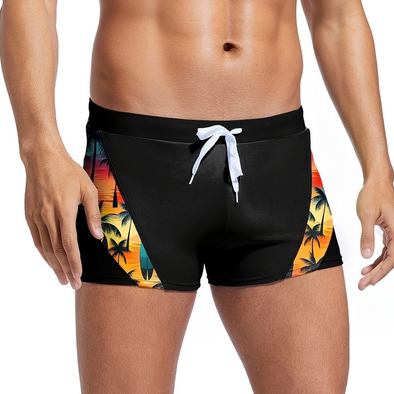 Abbigliamento da uomo Nuovo costume da bagno da uomo con stampa tropicale e cuciture, con coulisse, tasca posteriore e cerniera, disponibile in magazzino_voghion.com