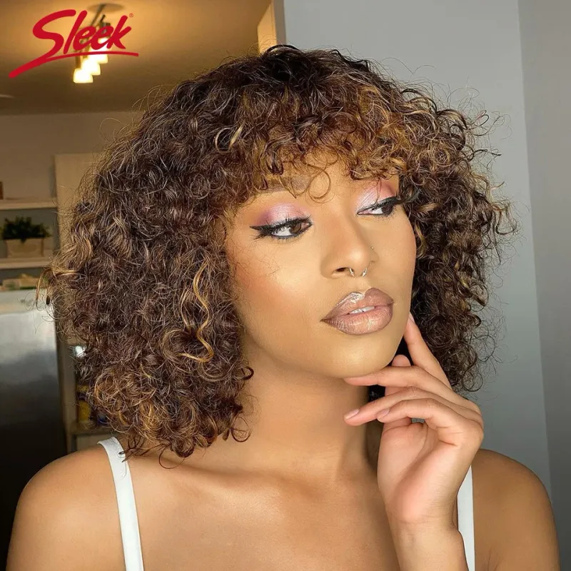 Jerry Curly Glueless Wig Short Pixie Bob Cut Human Hair Wigs With Bangs Highlight Honey Water Wave Blonde Colored Wigs_voghion.com