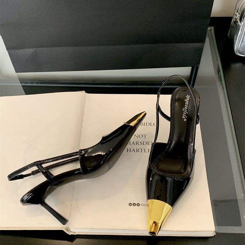 Sheepskin Version~Yang Shulin Same Metal Square Toe Color Block Genuine Leather One Strap Sandals Women Thin Heel High_voghion.com