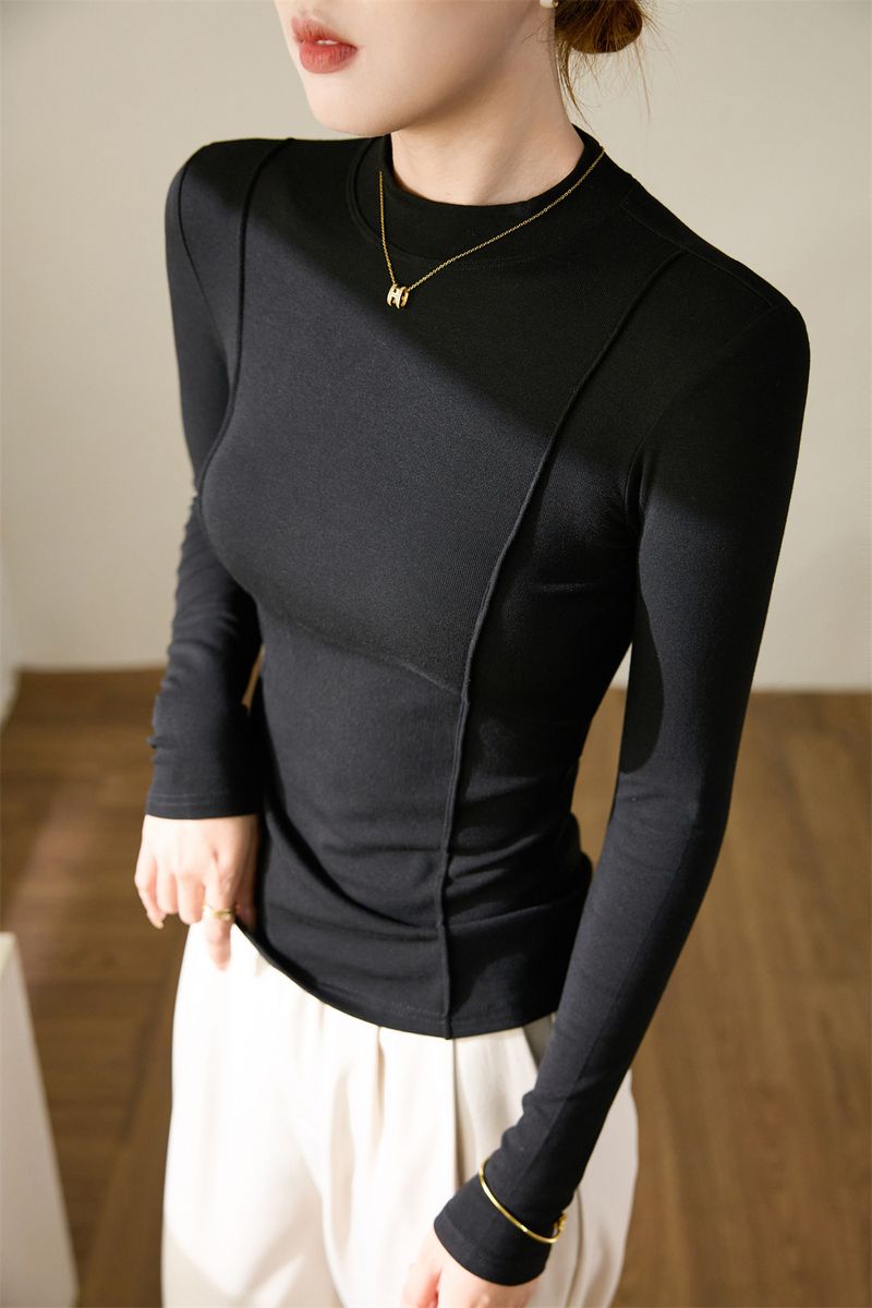 Women's Clothing Maillard high end design 2024 autumn and winter new half high collar T shirt women's long sleeved slim bottoming shirt top trend_voghion.com