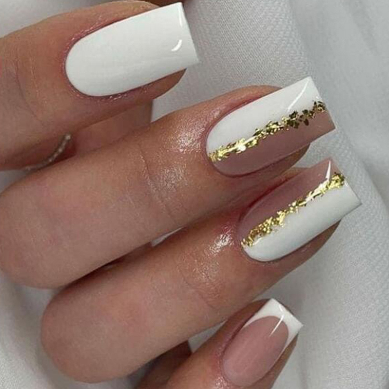 Franska Vita 24st Fake Nails Heltäckande Nagelspetsar Medellånga fyrkantiga lösnaglar med strassdesign Wearab_voghion.com