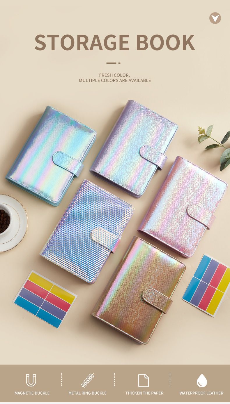 A6 Laser Holographic Nachfüllbares Notizbuch mit transparenter Reißverschlusstasche und bunten Etiketten – Budgetplaner, Bargeldumschlagsystem_voghion.com