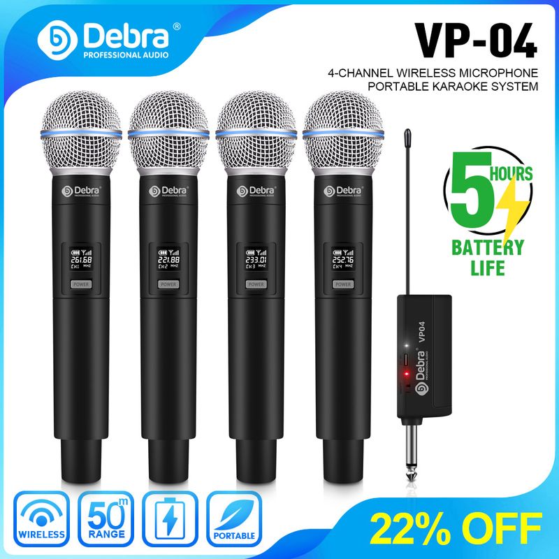Debra Kabelloses Mikrofon, 4-Kanal-System, eingebauter Lithium-Akku, wiederaufladbares Handmikrofon, 50 m Reichweite, für Karaoke_voghion.com
