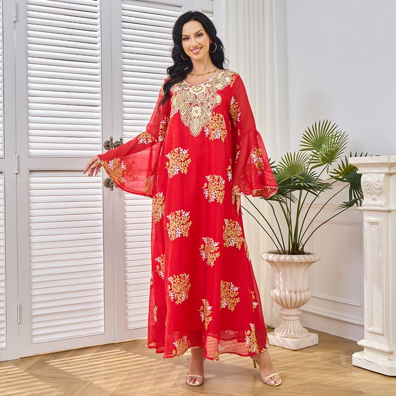 Mt220 Robe Abito elegante Abaya da donna con colletto di perline ricamato rosso_voghion.com