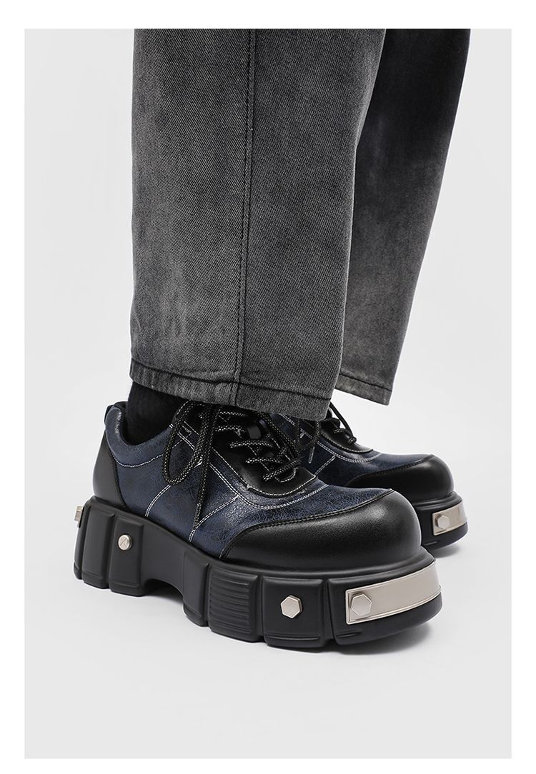 Paris 7 cm dicke Sohle, Erhöhung des großen Kopfes, Derby-Schuhe, dicke Sohle, runder Kopf, kleine Lederschuhe, Metall, Retro-Muffin-Papa-Schuhe_voghion.com