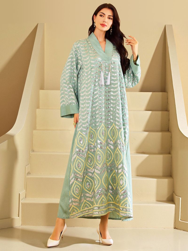 Luxuriöses, goldbesticktes Dubai-Abaya-Kleid – Schlichtes islamisches Gebetskleid mit Spitzenbesatz (M-XXL, Mintgrün)_voghion.com